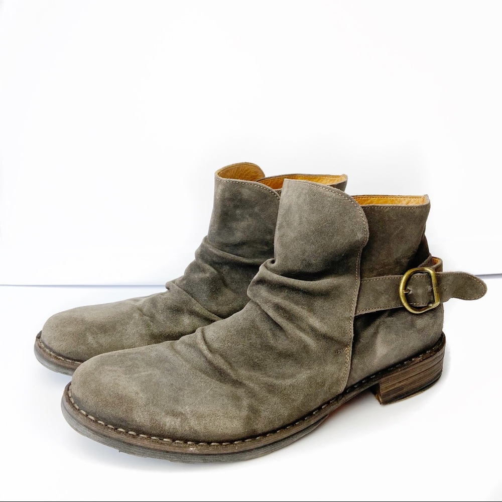 Fiorentini + Baker gray suede buckle ankle boots